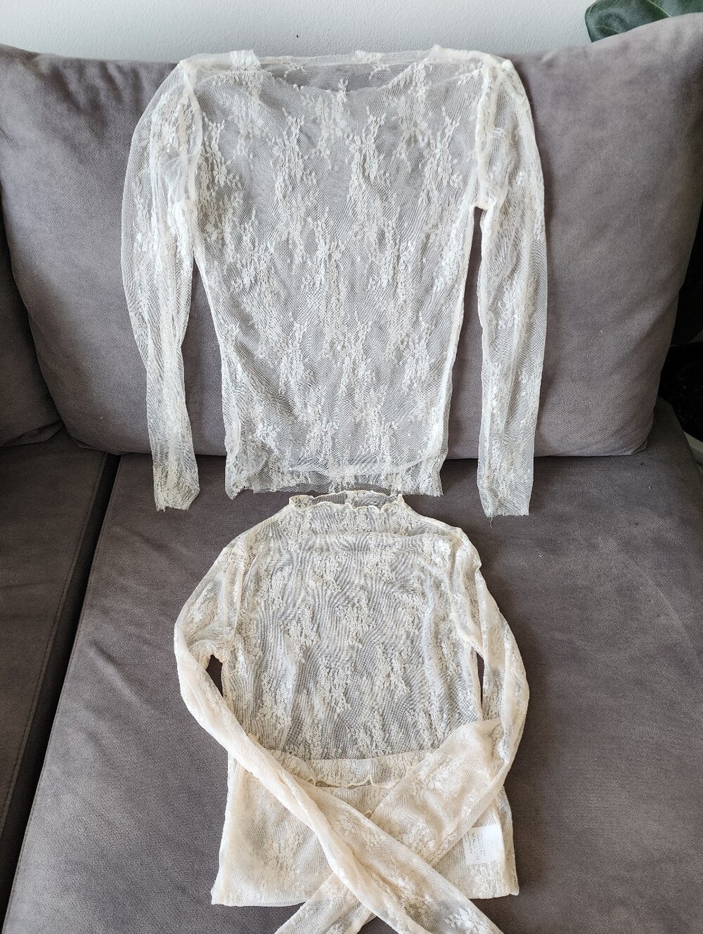 2 Sheer Lace Long-Sleeve Tops - Cream